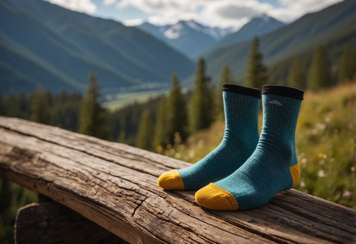 A pair of Darn Tough Full Cushion Socks, resting on a rustic wooden surface, with a backdrop of a scenic mountain trail