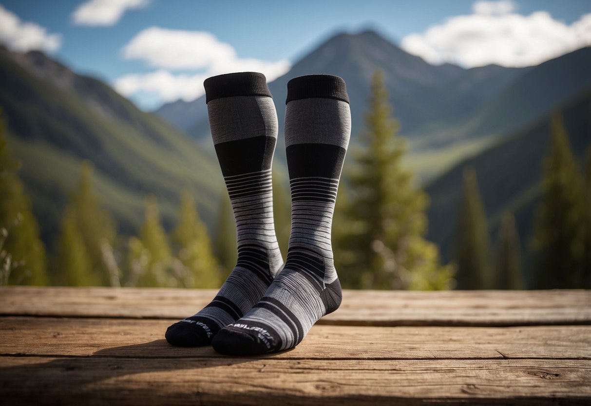 A pair of Sockwell Pulse Firm Compression Socks laid out neatly on a wooden surface, with a backdrop of a rugged mountain landscape