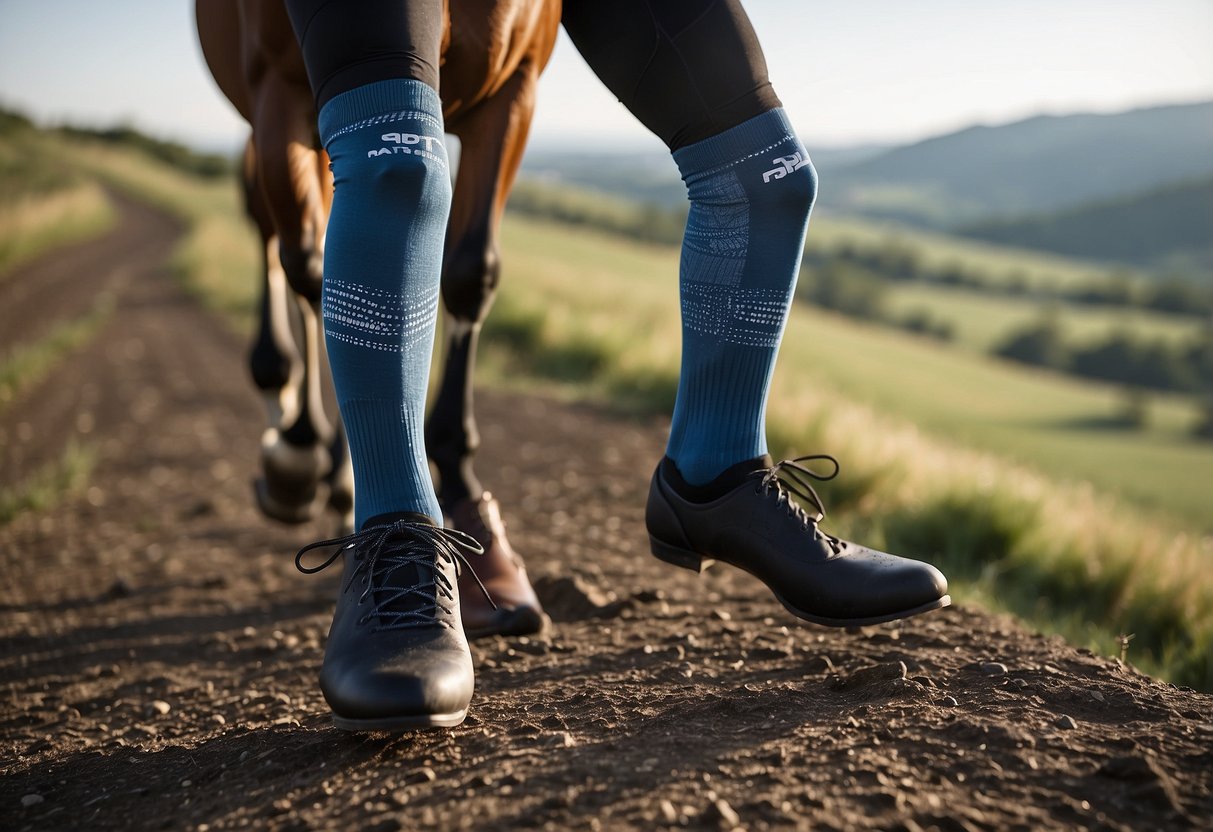 A rider pulls on a pair of high-quality, moisture-wicking riding socks, showcasing the comfort and support they provide for long hours in the saddle