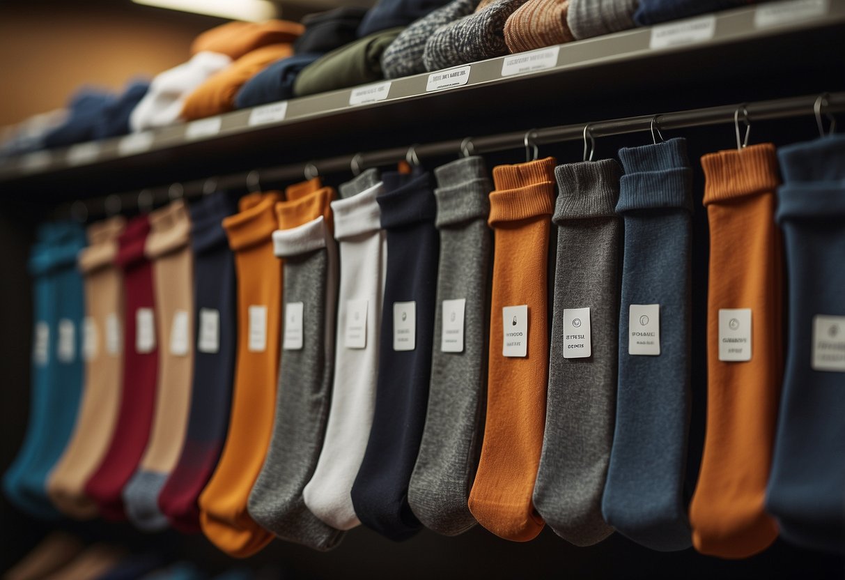 A variety of riding socks displayed on a shelf with labels showing "5 Best Riding Socks". Different colors and designs are visible