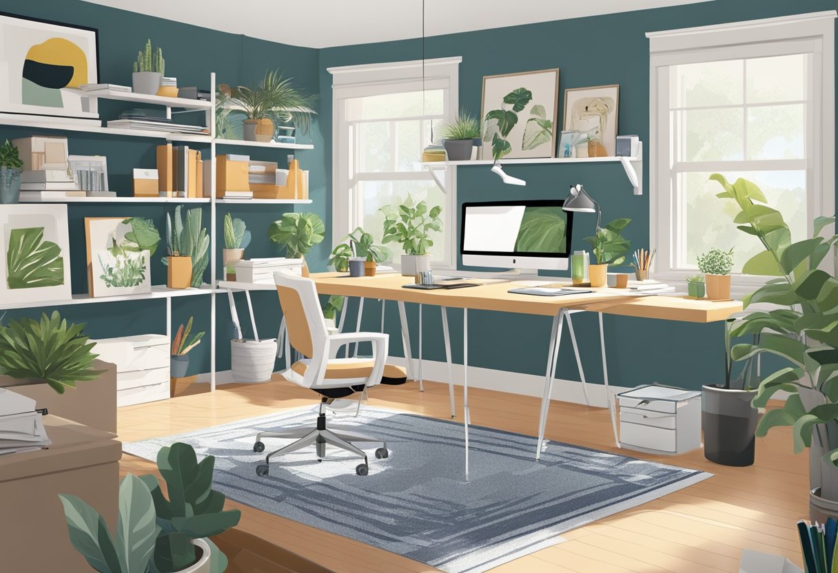 A bright, organized home office with a large desk, ergonomic chair, and plenty of natural light. Shelves and storage solutions keep clutter at bay, while plants and artwork add a touch of inspiration