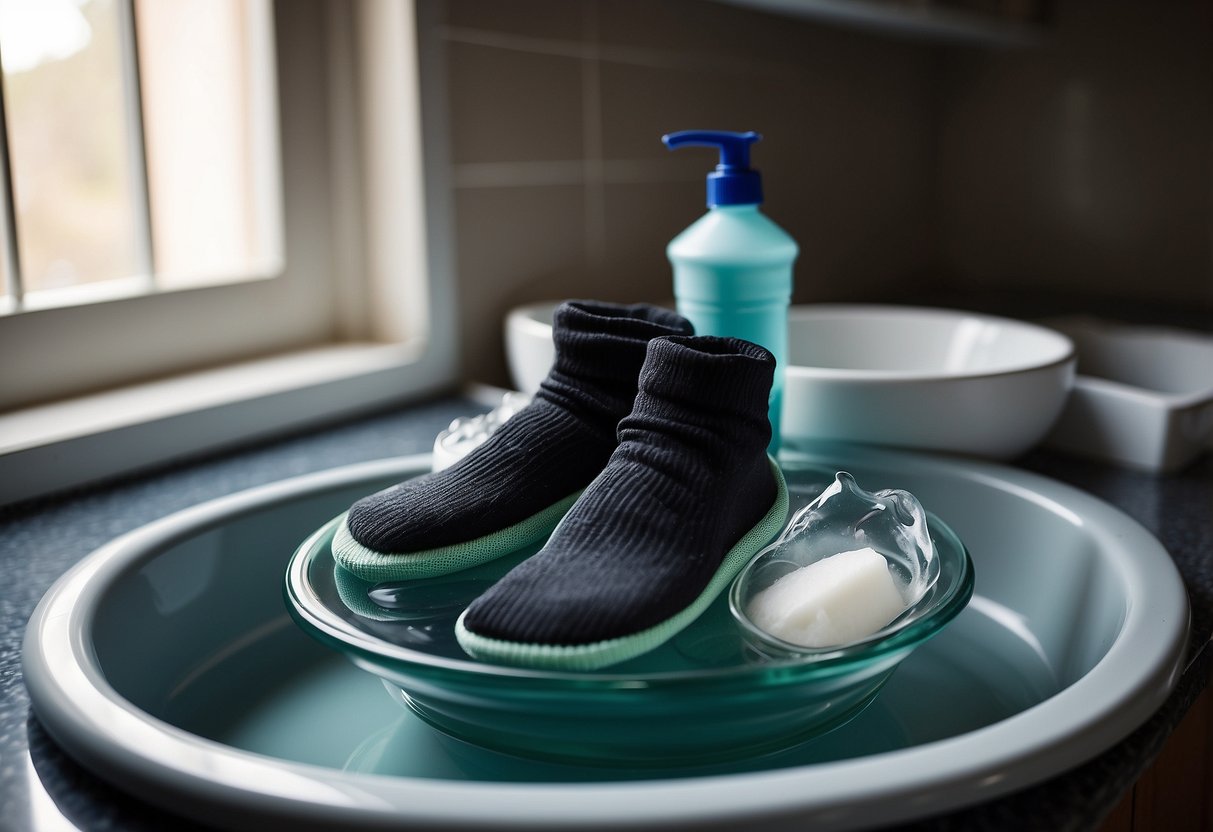 A pair of riding socks laid out neatly on a flat surface, with a gentle hand washing them in a basin of water and a bottle of mild detergent nearby