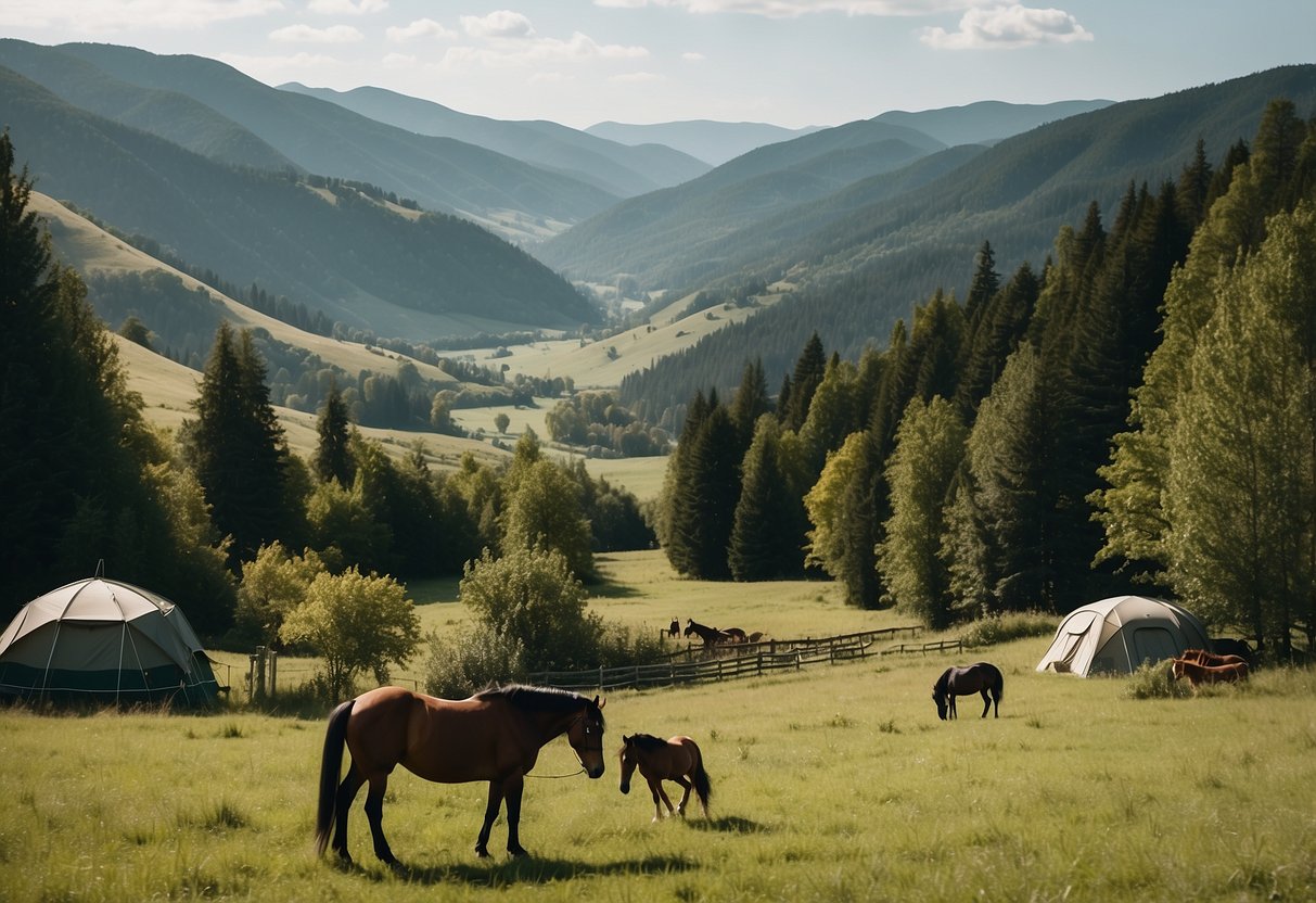 Lush green mountain landscape with 10 well-equipped equestrian campsites nestled among the trees. Horses grazing in the meadow, with a backdrop of rolling hills