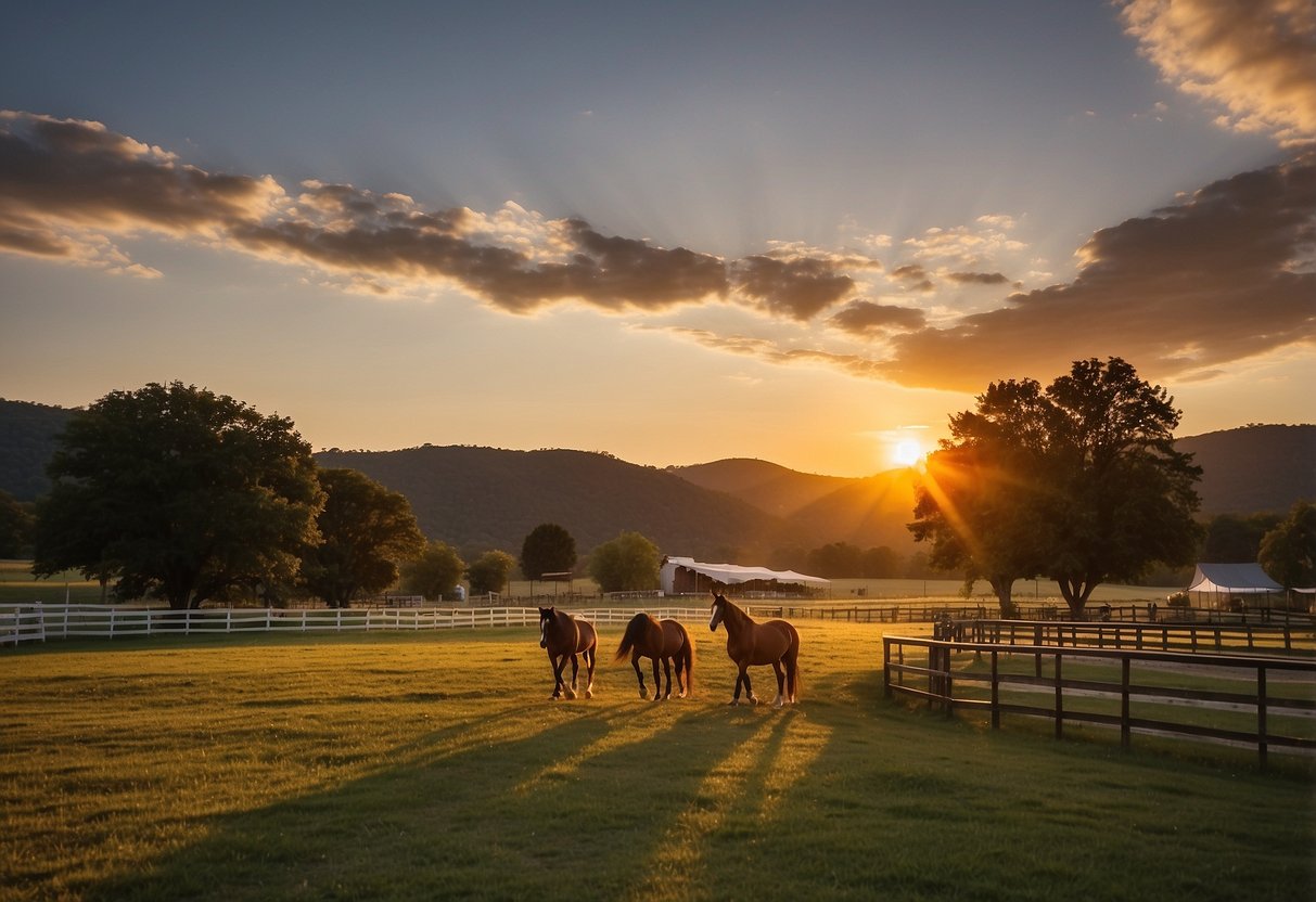 The sun sets behind the rolling hills of Shady Acres Equestrian Park, casting a warm glow over the 10 best campsites for equestrians. Horses graze peacefully in the lush pastures, while riders prepare for a day of