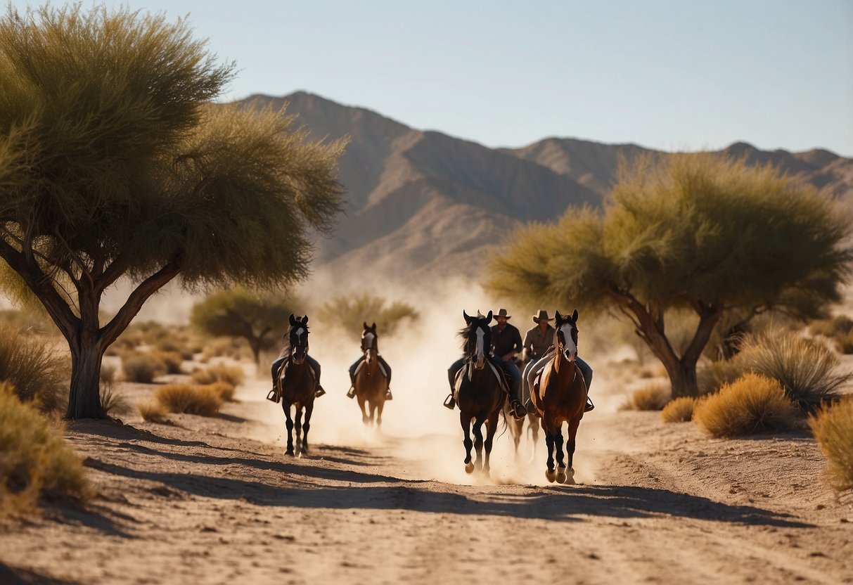 Dusty trails wind through a desert landscape, leading to 10 spacious campsites for equestrians. Horses graze peacefully under the warm sun