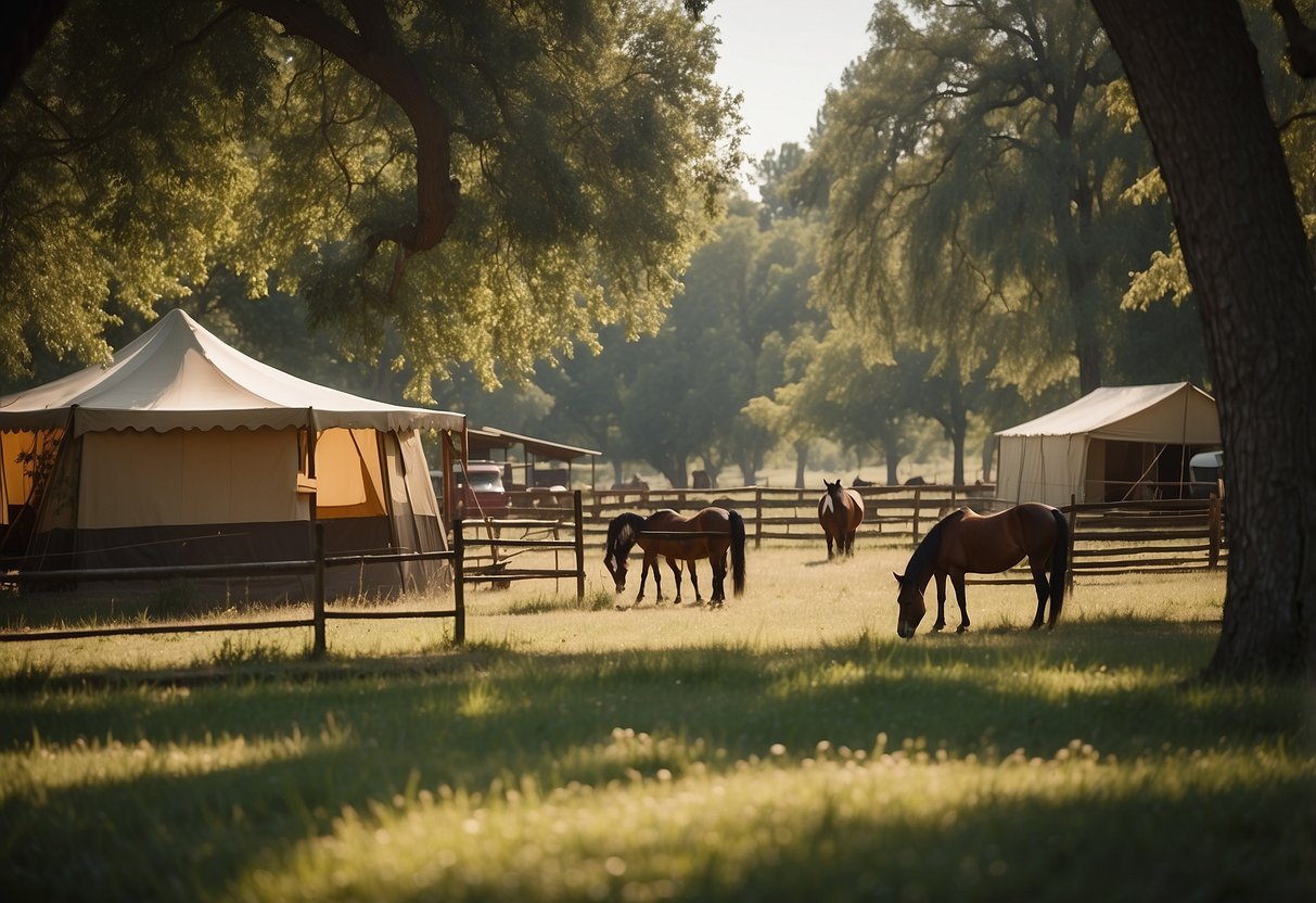 A peaceful meadow with fenced-in campsites, each equipped with a hitching post and water trough. Horses graze nearby, while riders groom and tack up under the shade of towering trees