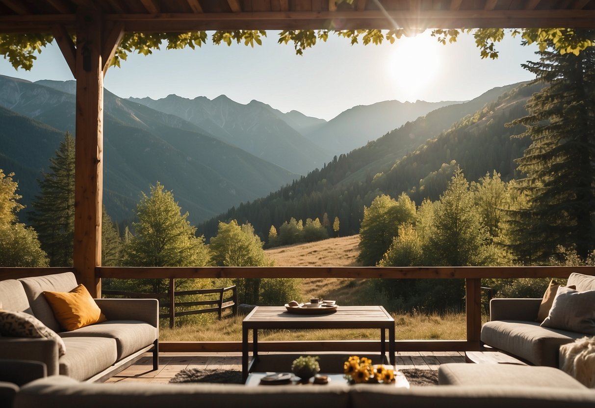 A panoramic view of a mountain ridge with equestrian campsites nestled among the trees, horses grazing peacefully in the meadow