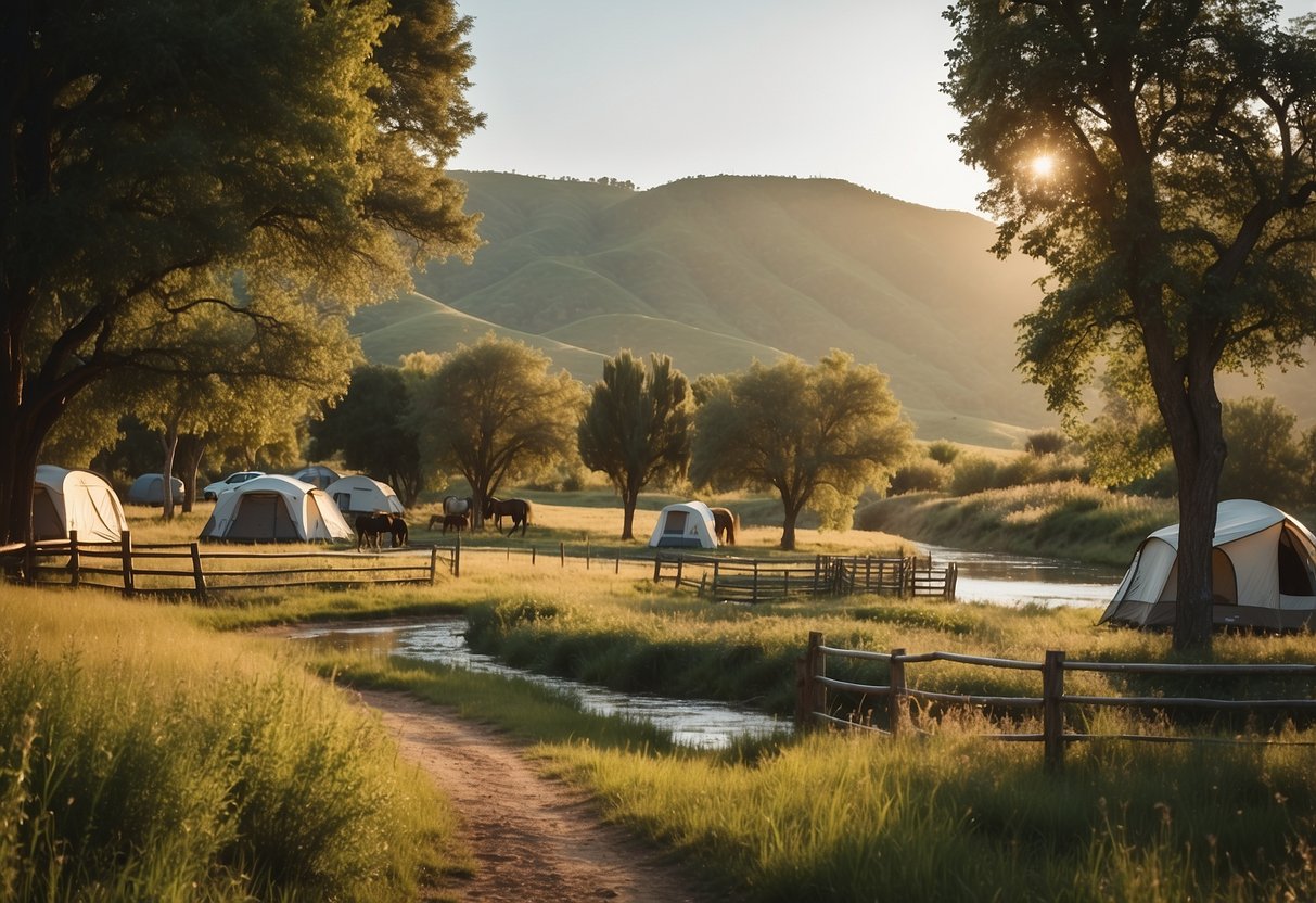 A serene riverside ranch with 10 spacious campsites for equestrians, nestled among rolling hills and lush greenery