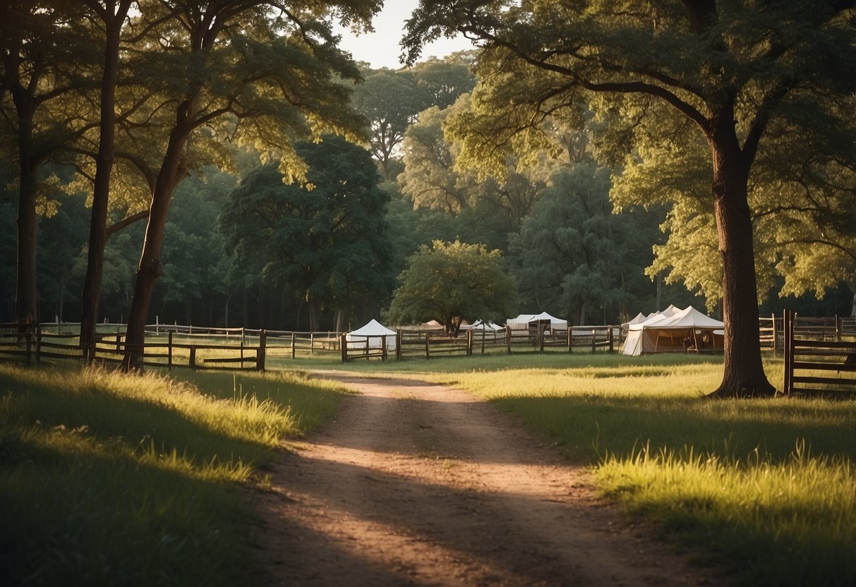 A serene equestrian campsite nestled within lush oakwood forest, with spacious paddocks and well-maintained trails for horseback riding