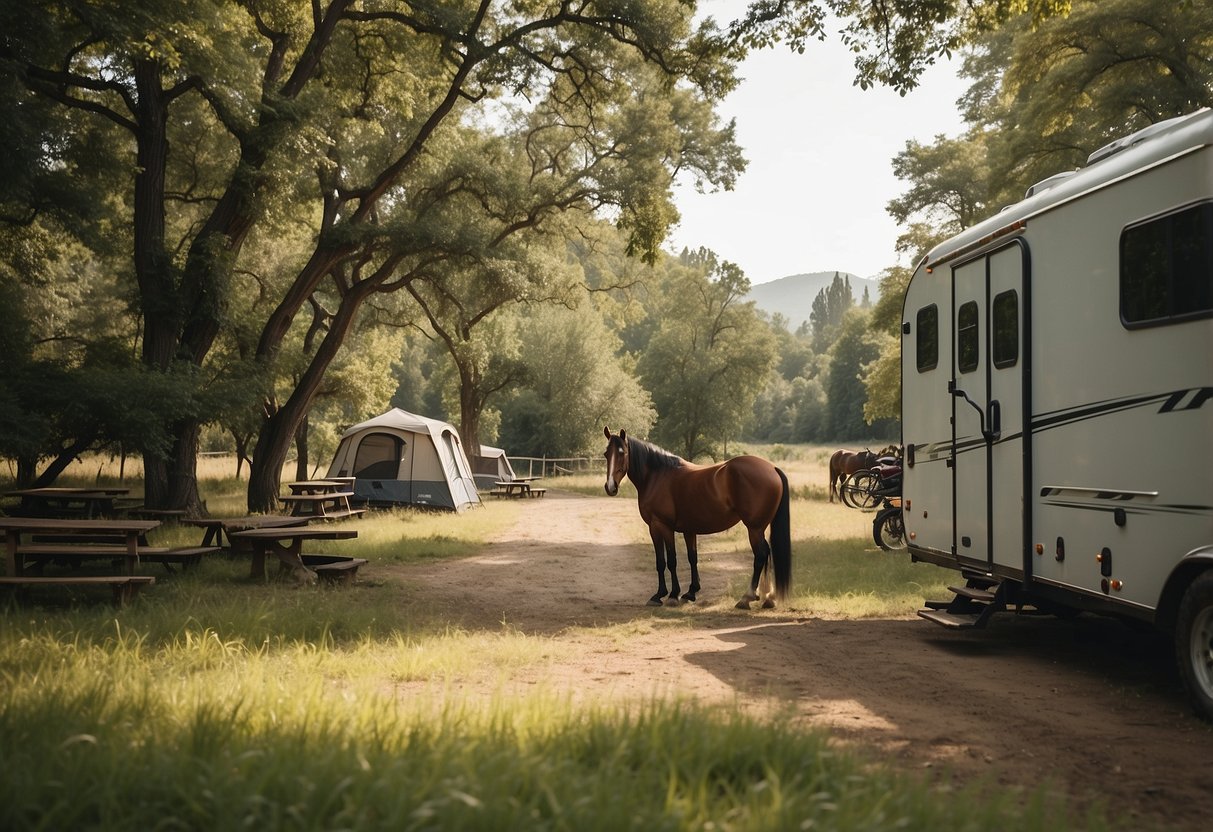 Equestrian camping trip scene: Horses grazing in spacious, fenced campsite surrounded by lush greenery and scenic trails. Horse trailers parked in designated areas with easy access to water and hitching posts