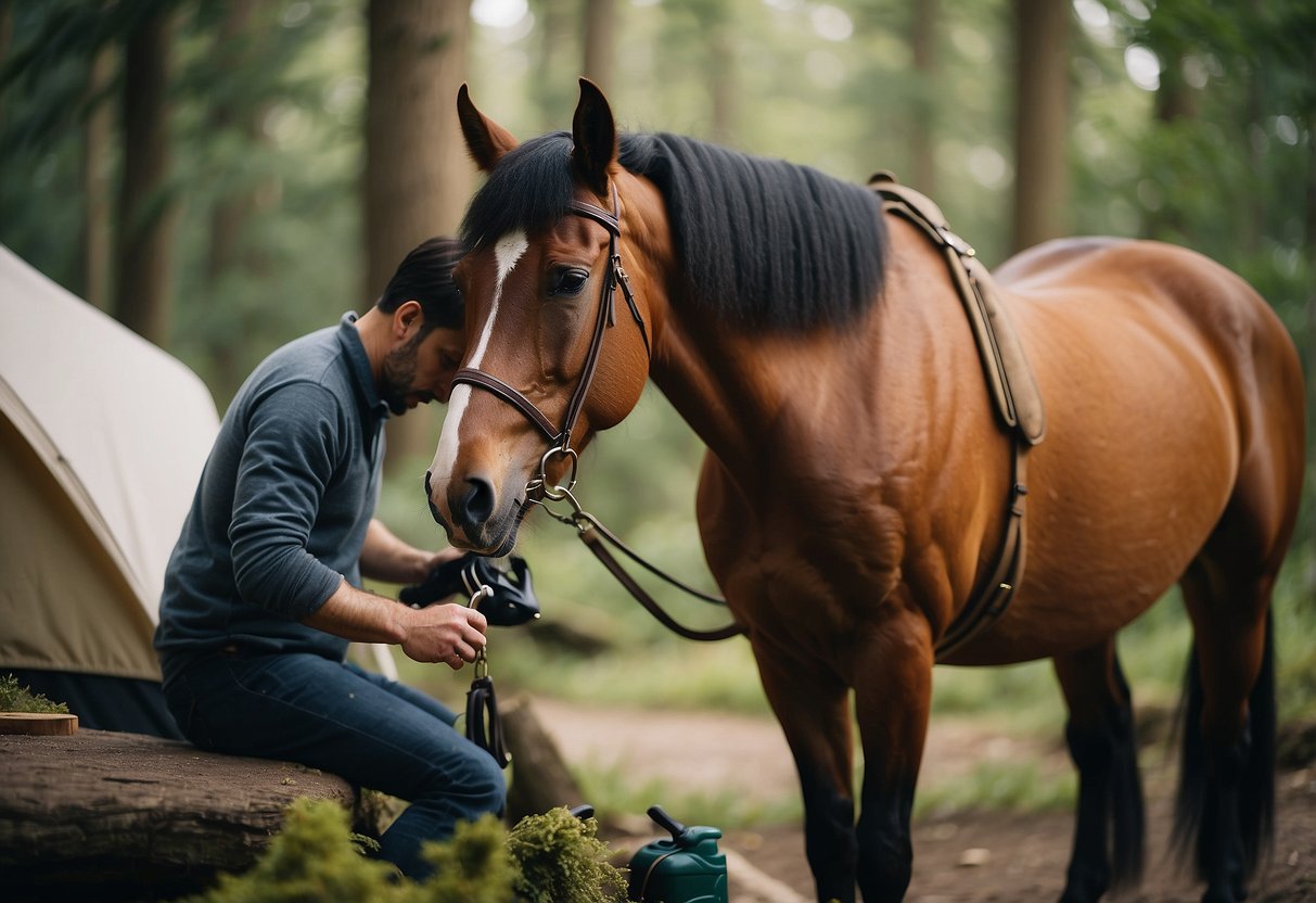 A horse being groomed and saddled at a campsite, surrounded by a serene forest and a nearby stream