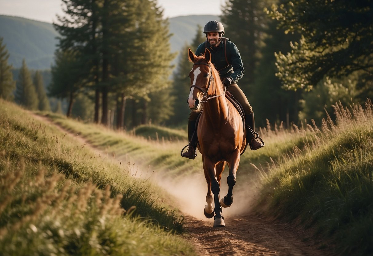 A rider on a horse, using affordable gear and equipment, navigating through a scenic trail in the countryside