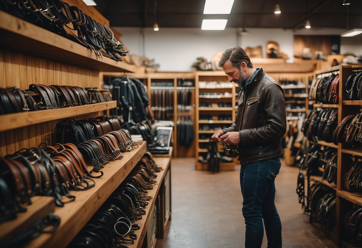 A horseback rider browsing through a variety of used tack items at a budget-friendly equestrian store, examining bridles, saddles, and other equipment