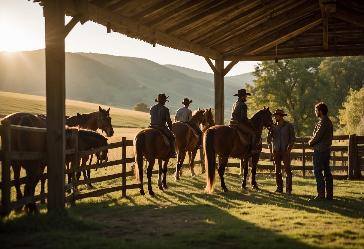 A group of riders gather in a rustic barn, saddling up their horses before heading out on a scenic trail. The sun is low in the sky, casting a warm glow over the rolling hills and lush green fields