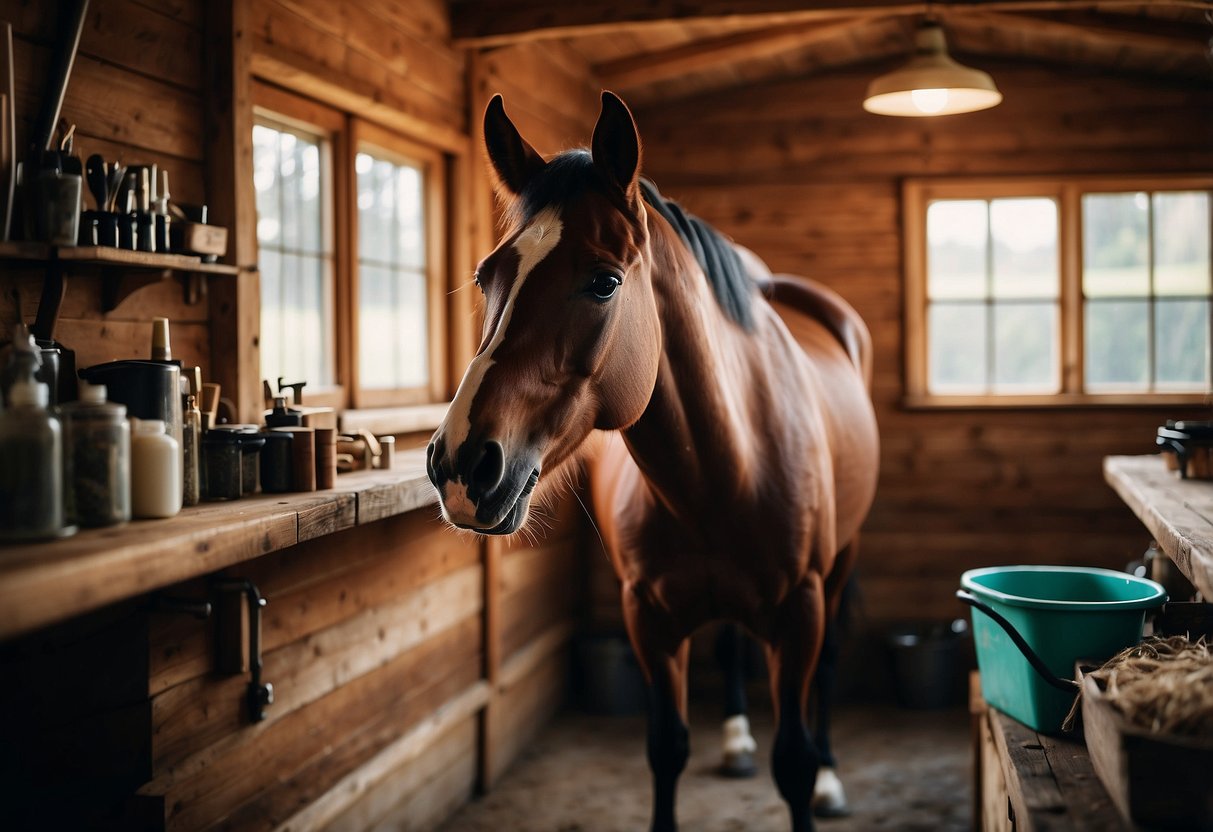 A horse being groomed and fed in a simple, rustic stable. Tack and grooming supplies are neatly organized on a budget-friendly shelf