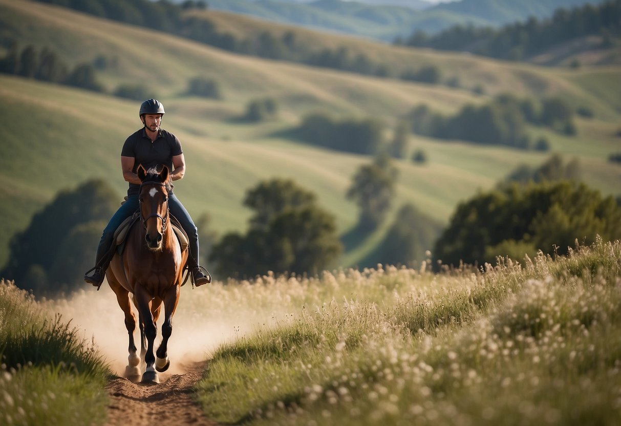 A horse and rider navigate a trail, with a backdrop of rolling hills and a clear blue sky. The rider is equipped with budget-friendly gear, showcasing the affordability of horseback riding