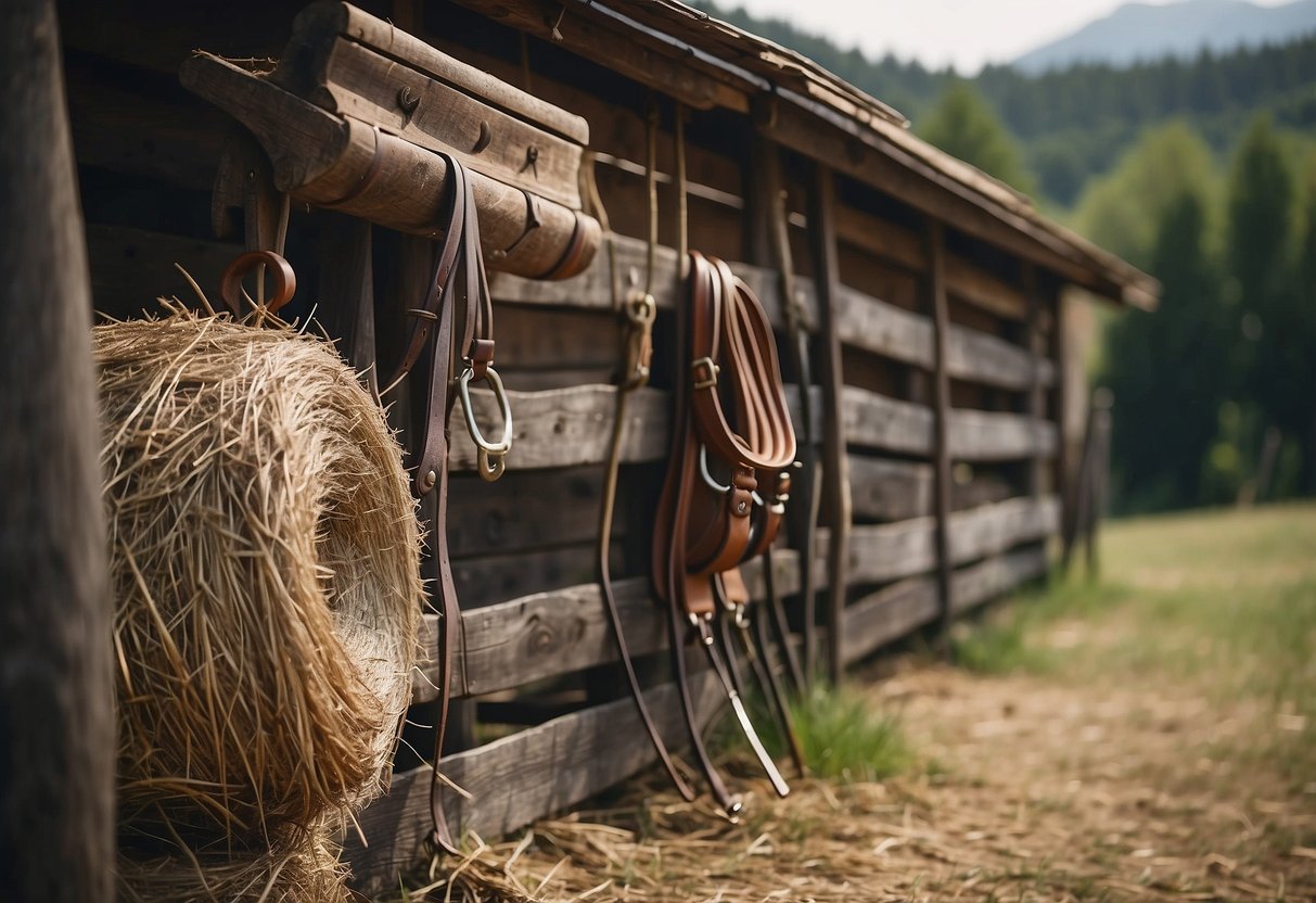 A simple barn with tack and gear hanging on hooks, a stack of hay bales, and a worn saddle and bridle on a wooden fence