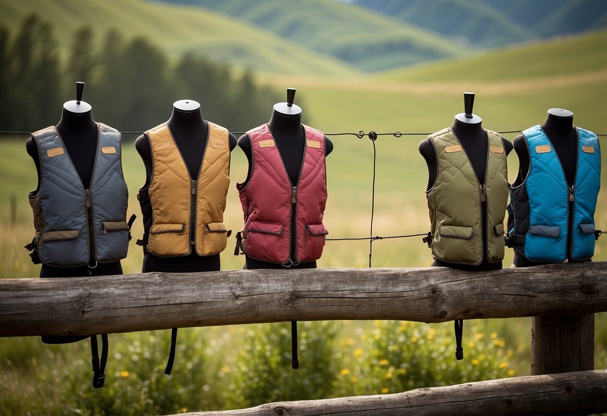 A group of five lightweight vests, each designed for horseback riding, are displayed on a rustic wooden fence against a backdrop of rolling hills and grazing horses