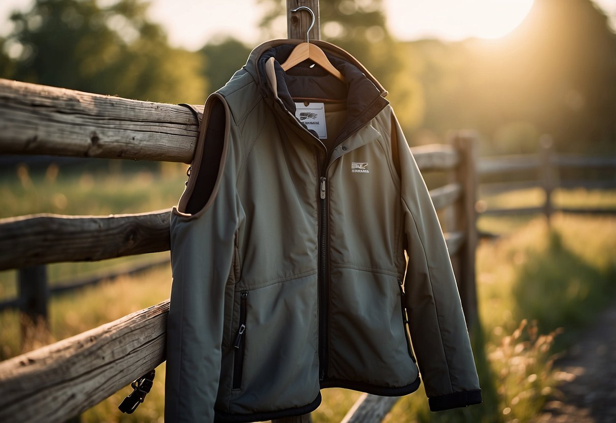 A woman's softshell vest hangs on a wooden fence post, surrounded by equestrian gear and a saddle. The sun casts a warm glow on the scene