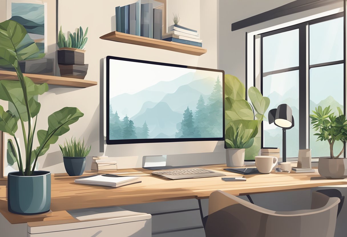 A cozy home office with a tidy desk, a comfortable chair, natural light, a computer, and a notebook. A cup of coffee sits nearby, along with a plant for added ambiance