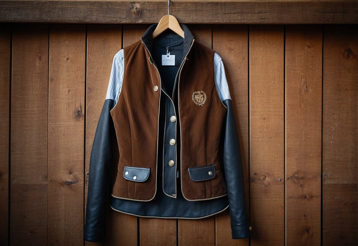 A woman's equestrian vest hangs on a stable door, with a saddle and bridle in the background. The vest is sleek and lightweight, with a subtle corduroy texture