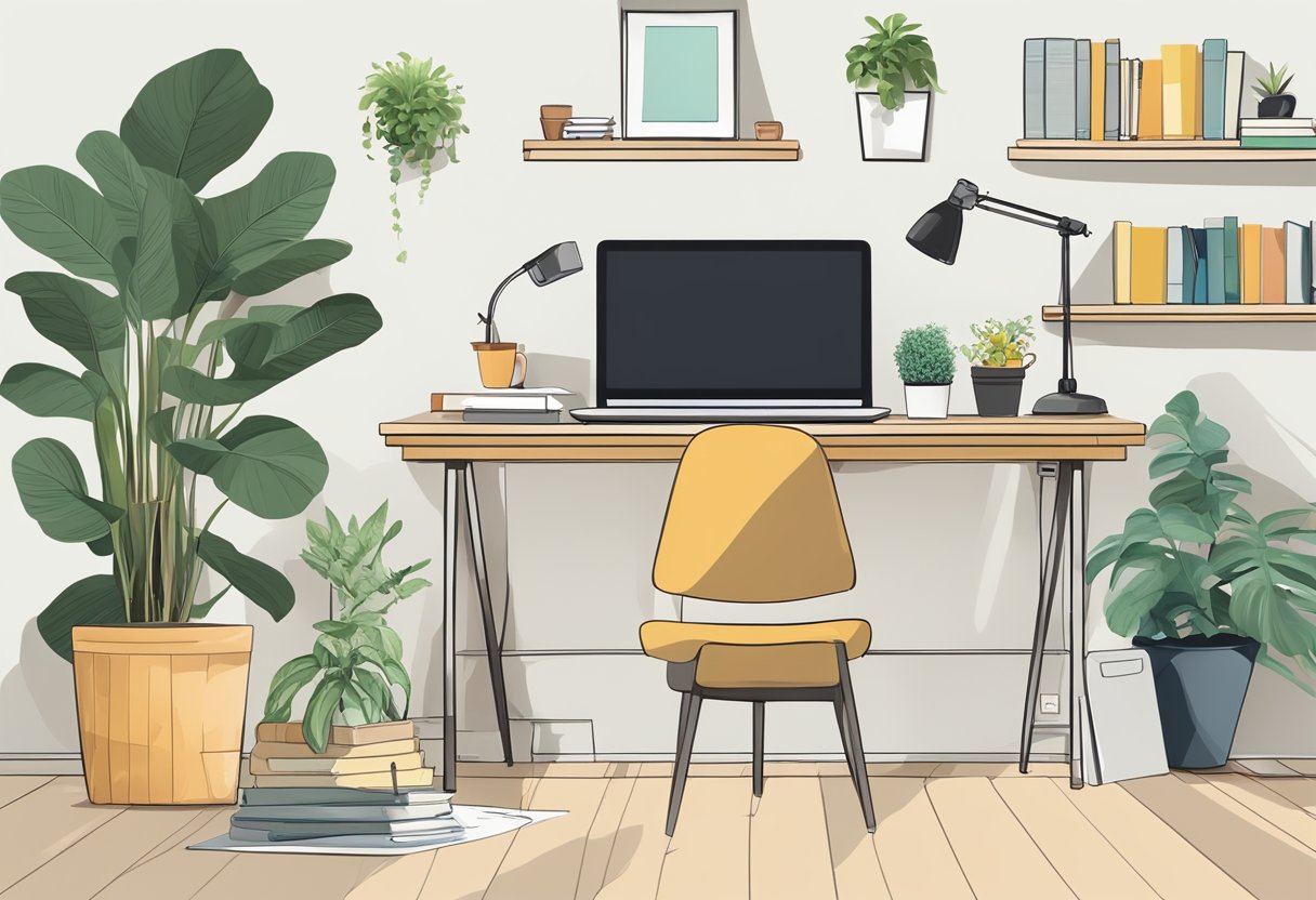 A clutter-free desk with a comfortable chair, organized supplies, natural lighting, and a plant for a calming atmosphere. A laptop or computer, a notepad, and a cup of coffee or tea are essential