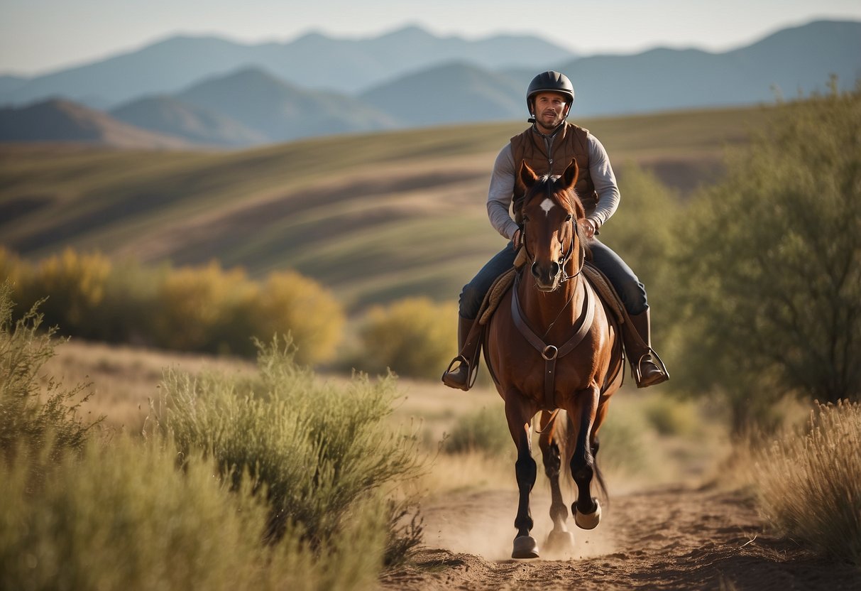 A rider in a Willow Dry Quilted Vest navigates a trail on horseback, surrounded by open fields and distant mountains