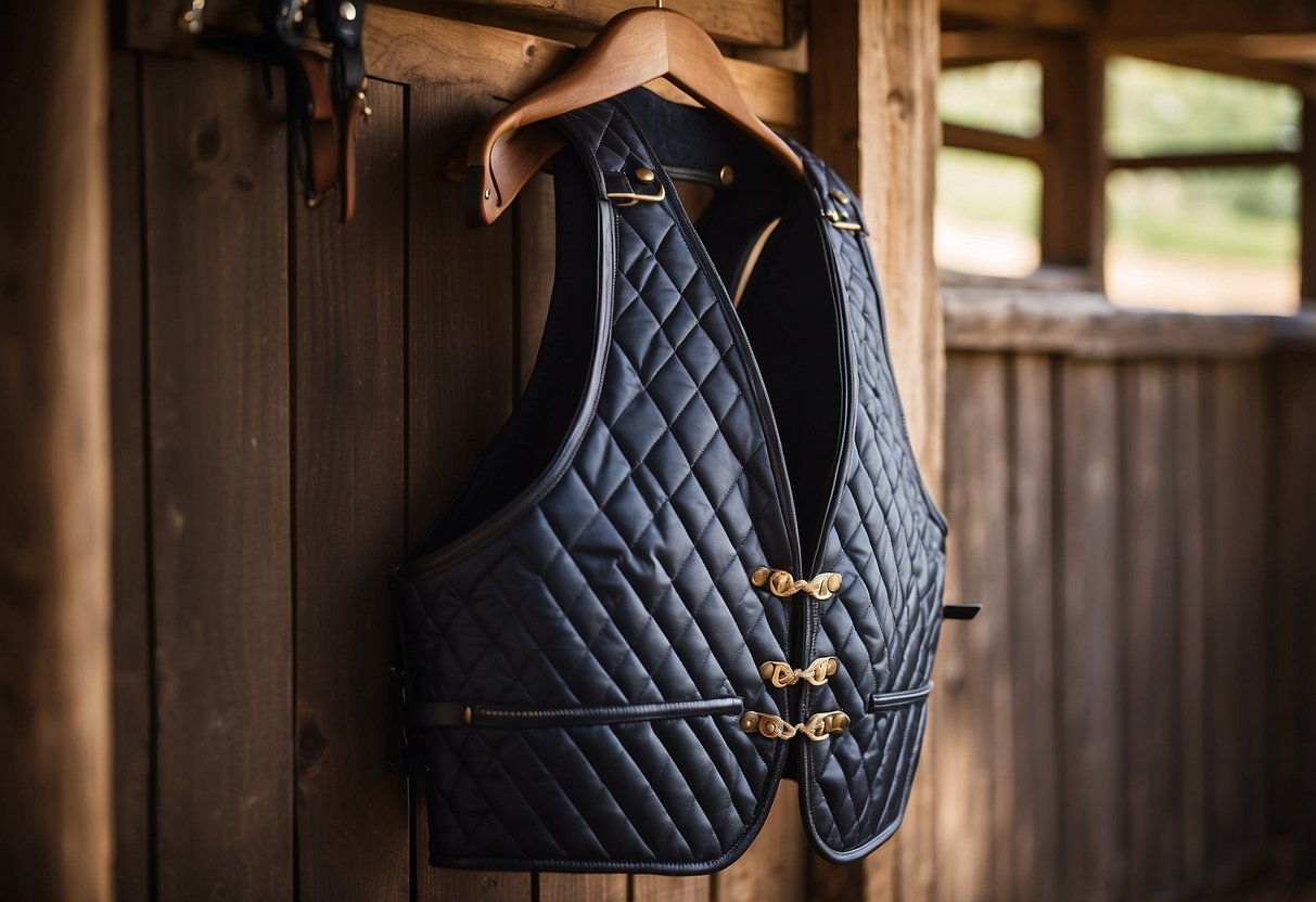 A woman's equestrian vest hangs on a stable door, with a saddle and bridle in the background. The vest is lightweight and padded, perfect for horseback riding