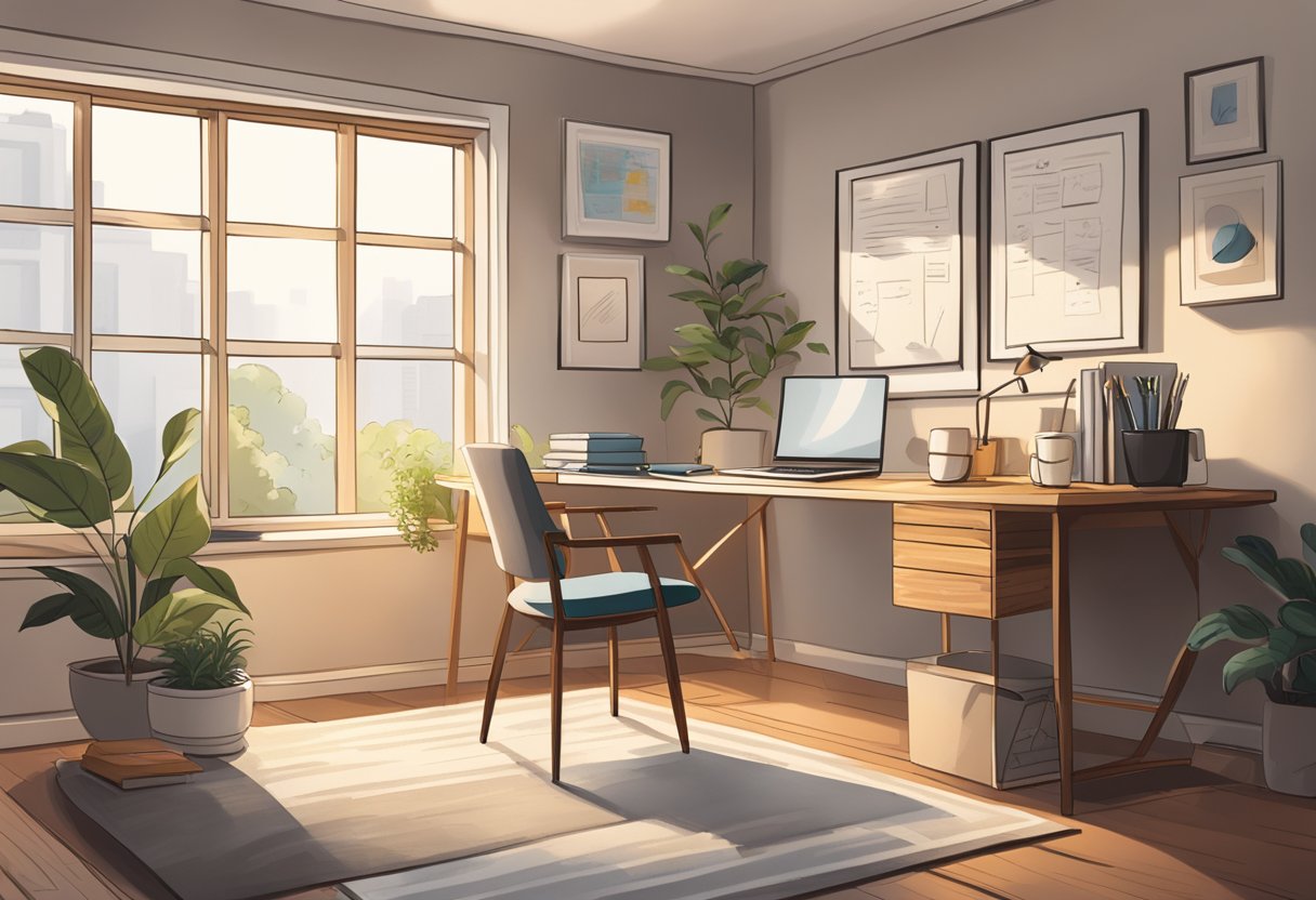 A cozy home office with a tidy desk, a computer, and a calendar on the wall. Natural light streams through the window, illuminating the space. A cup of coffee sits on the desk, alongside a notepad and pen