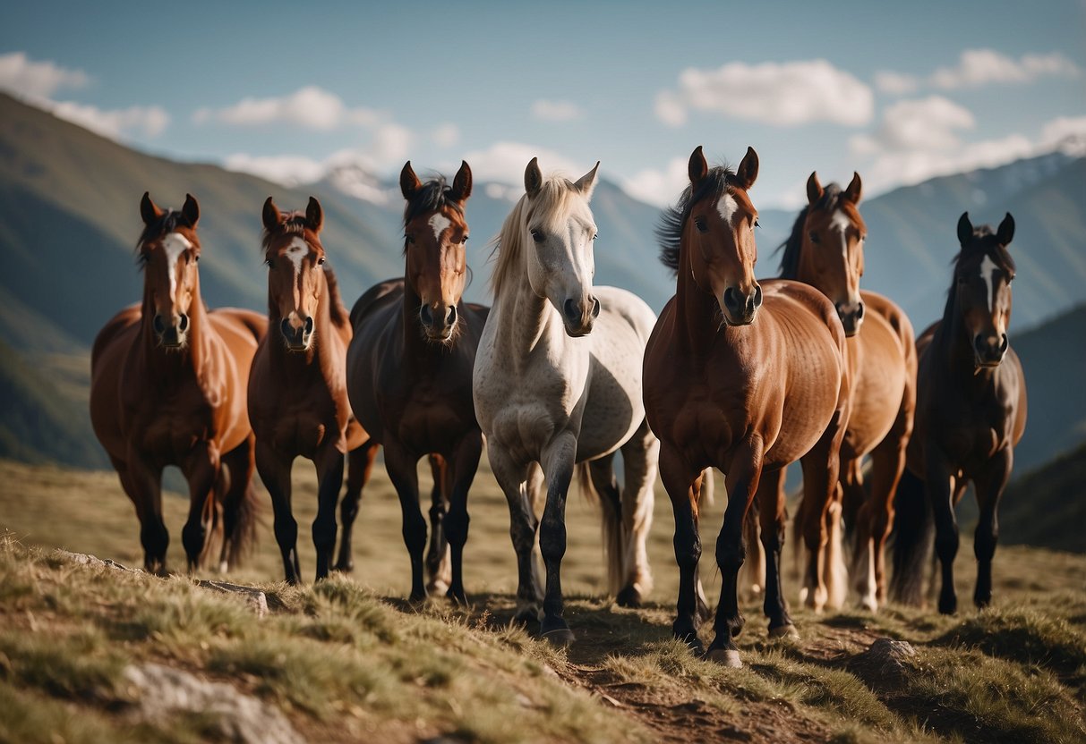 A group of horses wearing lightweight vests, standing against a mountain backdrop