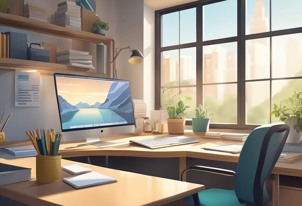 A clutter-free desk with a computer, notebook, and task management tools. Natural light streams in through a window, creating a comfortable and focused work environment