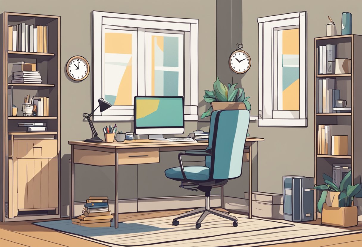 A cozy home office with a desk, computer, and comfortable chair. A clock on the wall shows scheduled break times. A mug of coffee sits on the desk