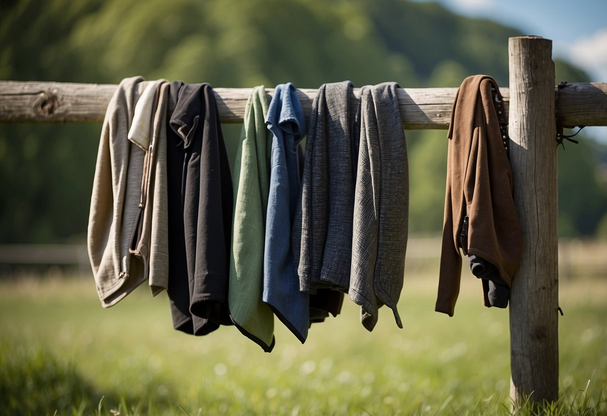 Vests hanging on wooden fence, with horse tack nearby. Green pasture in background, blue sky above. Wind blowing through the fabric