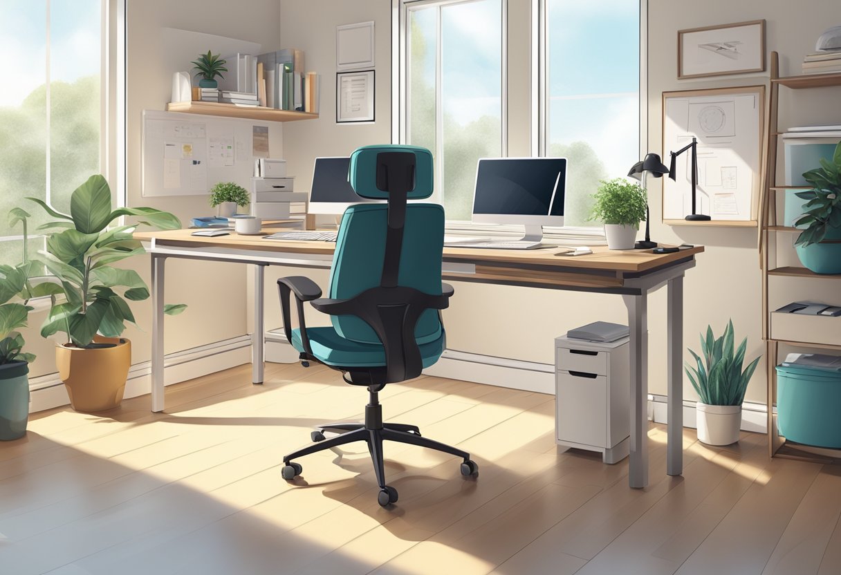 A clutter-free desk with a high-quality computer, ergonomic chair, and organized supplies. Natural light floods the space, creating a productive atmosphere