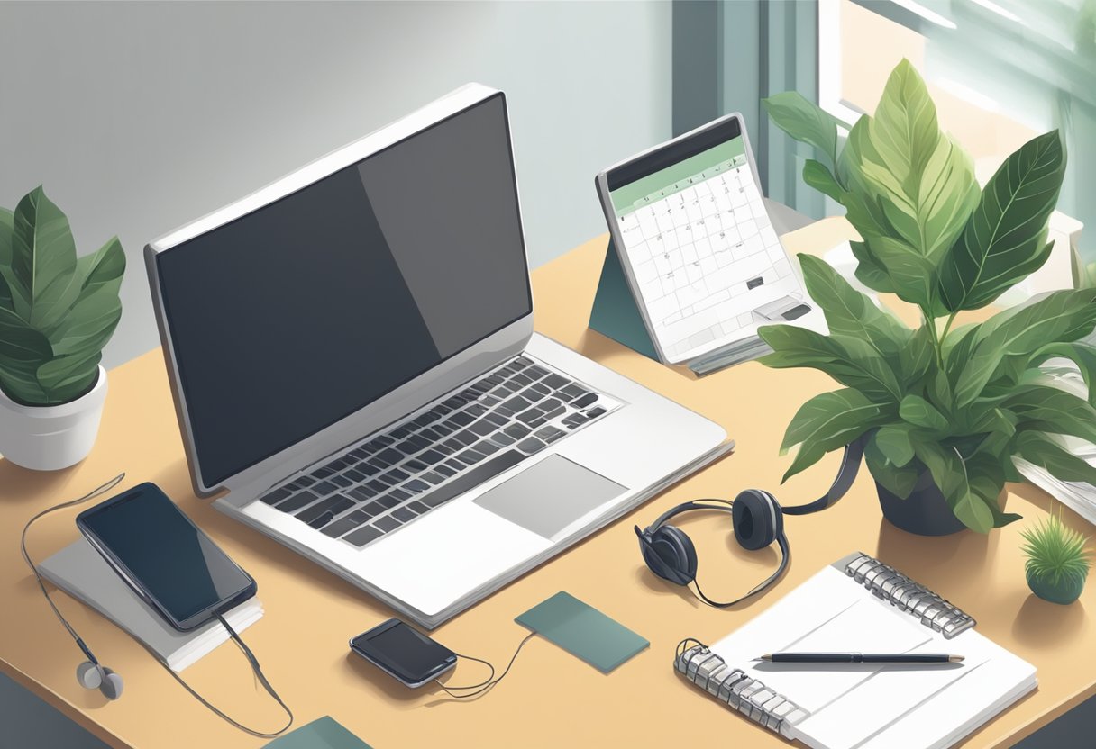 A clutter-free desk with a laptop, notebook, and pen. A calendar on the wall and a phone with headphones. Natural light and a plant for a calming atmosphere