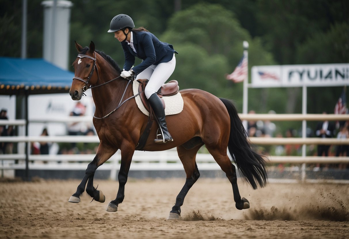 Rider struggling with improper posture, loose reins, and unbalanced seat, while horse shows signs of discomfort and resistance