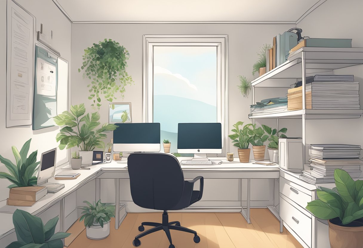 A clutter-free desk with a computer, notebook, and organized supplies. Natural light fills the space, with a plant and motivational quotes on the wall