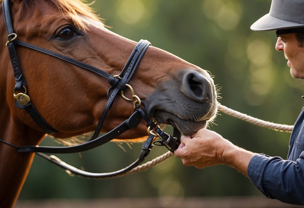 A horse's reins are pulled too tightly, causing tension in the animal's mouth. The rider's grip is rigid, and the horse's head is held too high