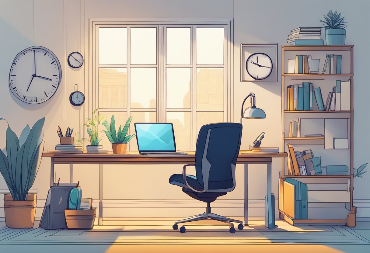 A clutter-free desk with a laptop, notebook, and pen. A quiet, well-lit room with minimal distractions. A clock showing a productive work-from-home environment