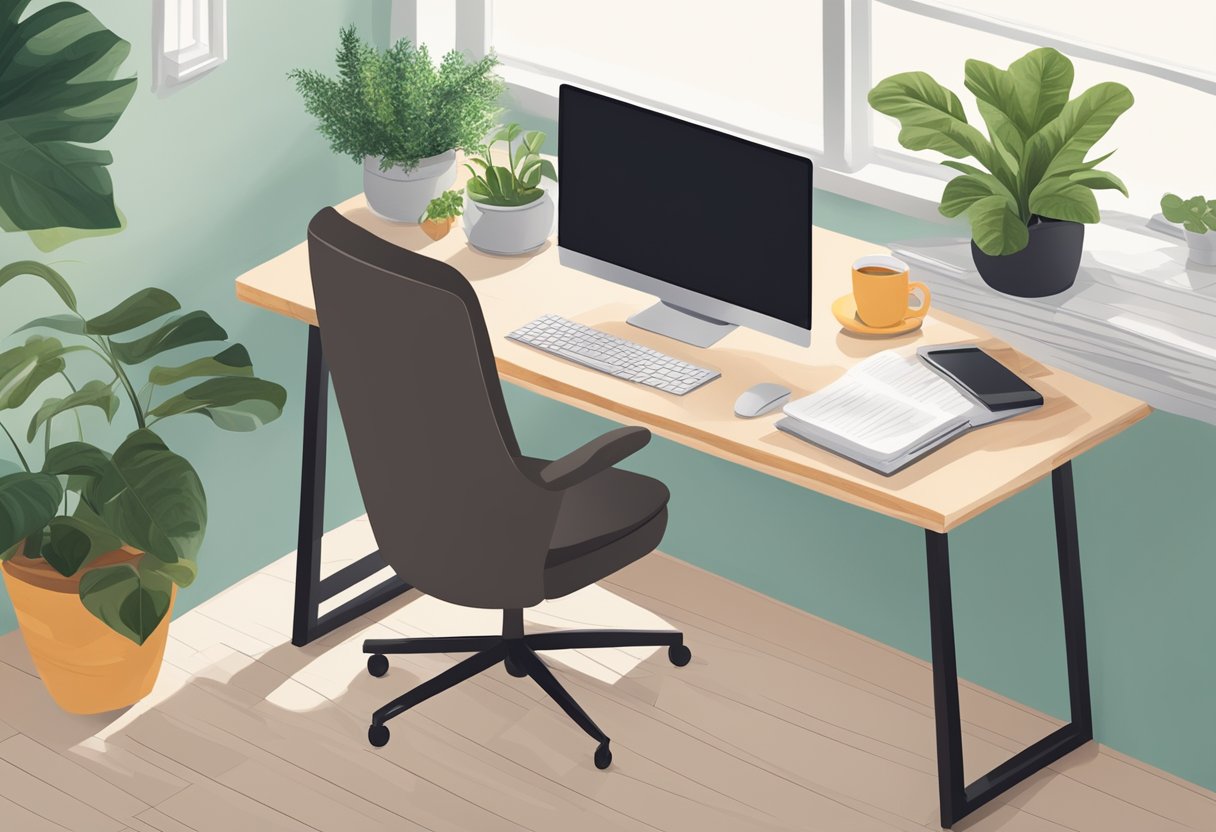 A cozy home office with a clutter-free desk, a comfortable chair, natural light, a laptop, a notepad, a cup of coffee, and a plant for a productive work-from-home environment