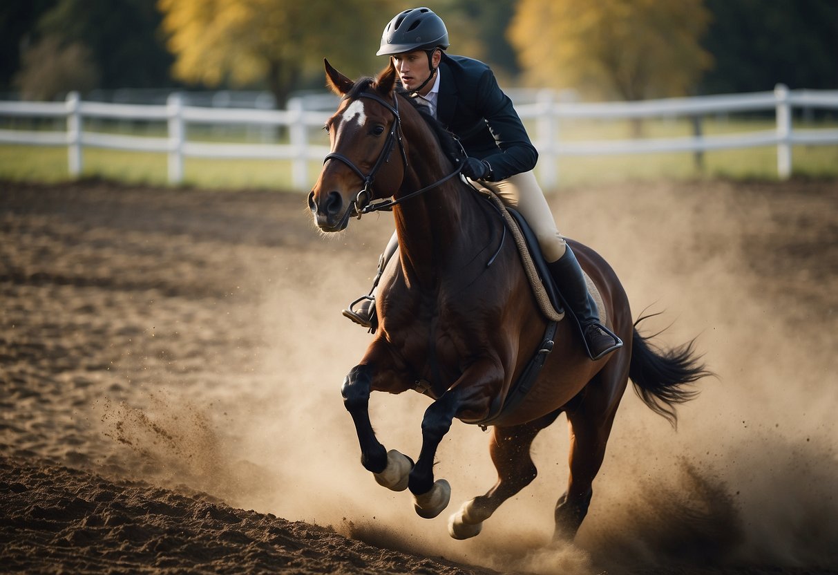 A rider on a horse veers off course, not paying attention. The horse stumbles, showing signs of discomfort. The rider's body language indicates lack of control