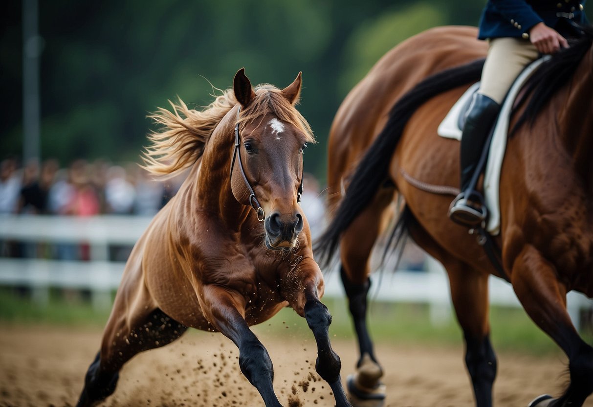 The horse is strained, sweat dripping, as the rider pushes it too hard. The animal's muscles tense, showing signs of overexertion