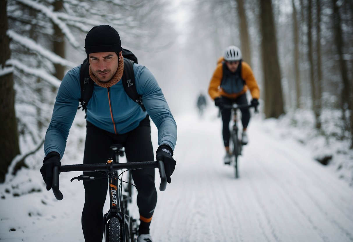 A cyclist in winter gear rides through snowy woods, with a scarf wrapped around their neck and a beanie covering their head. They have gloves on their hands and a windproof jacket to stay warm