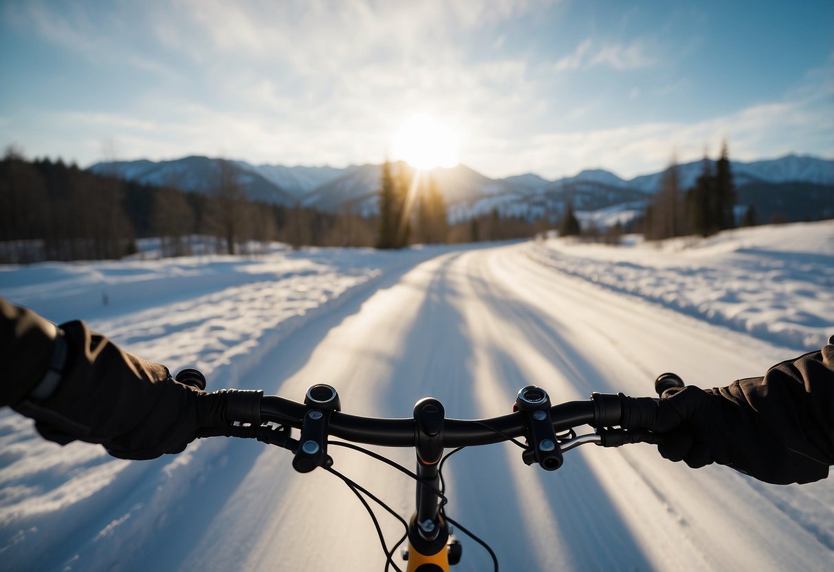 A rider's hand wearing insulated gloves grips the handlebars, with breath visible in the cold air. The surrounding landscape is snowy and wintry, with a hint of sunlight breaking through the clouds