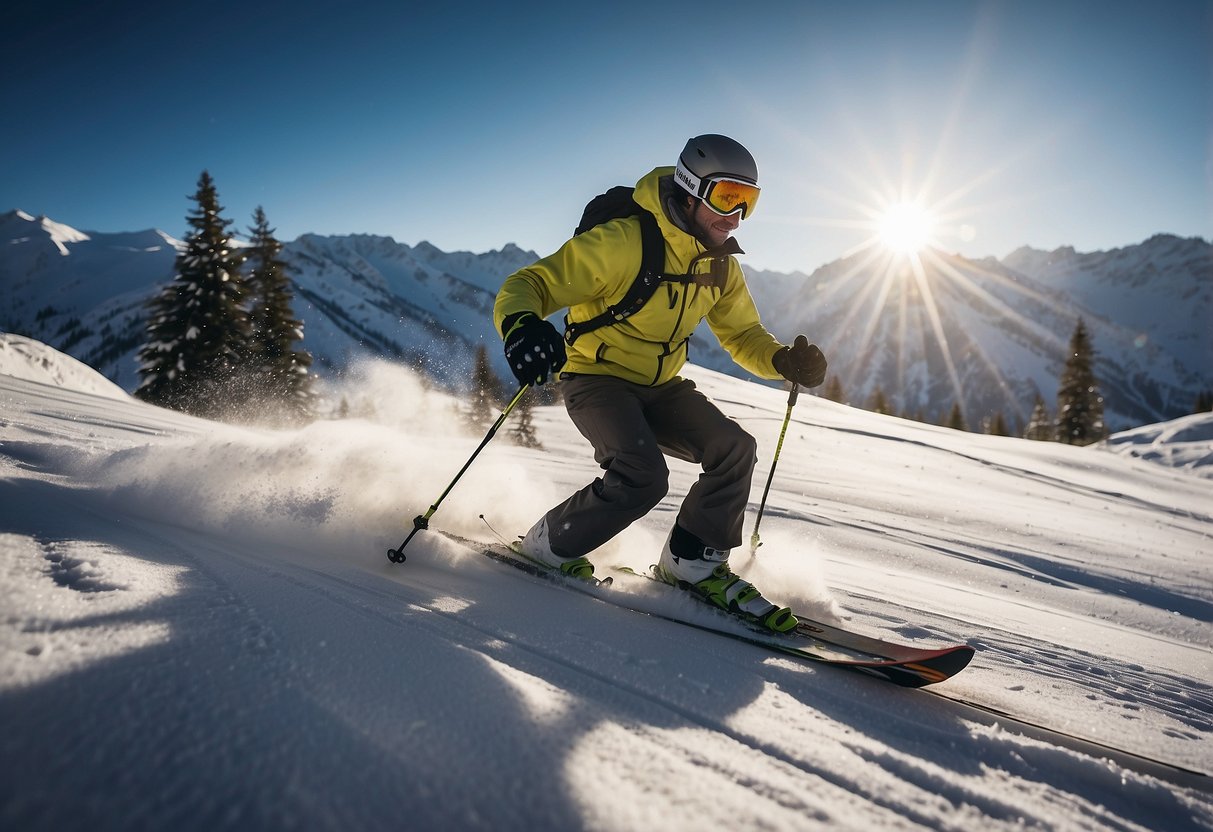 A skier wearing a ski mask, gloves, and layers, riding down a snowy mountain with a bright sun shining in the background