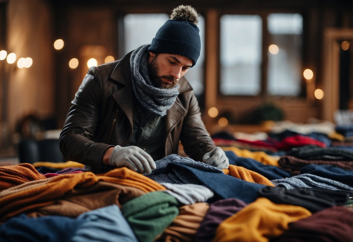 A rider carefully inspects various fabric swatches, considering warmth and durability. A cozy scarf and gloves lay nearby