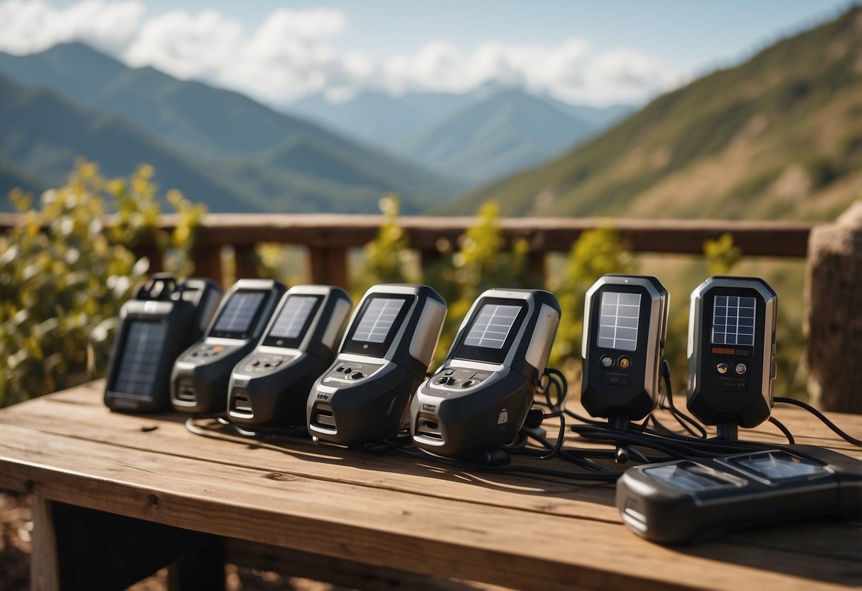 Five solar chargers arranged on a table with a scenic backdrop of a mountain range and a motorcycle parked nearby