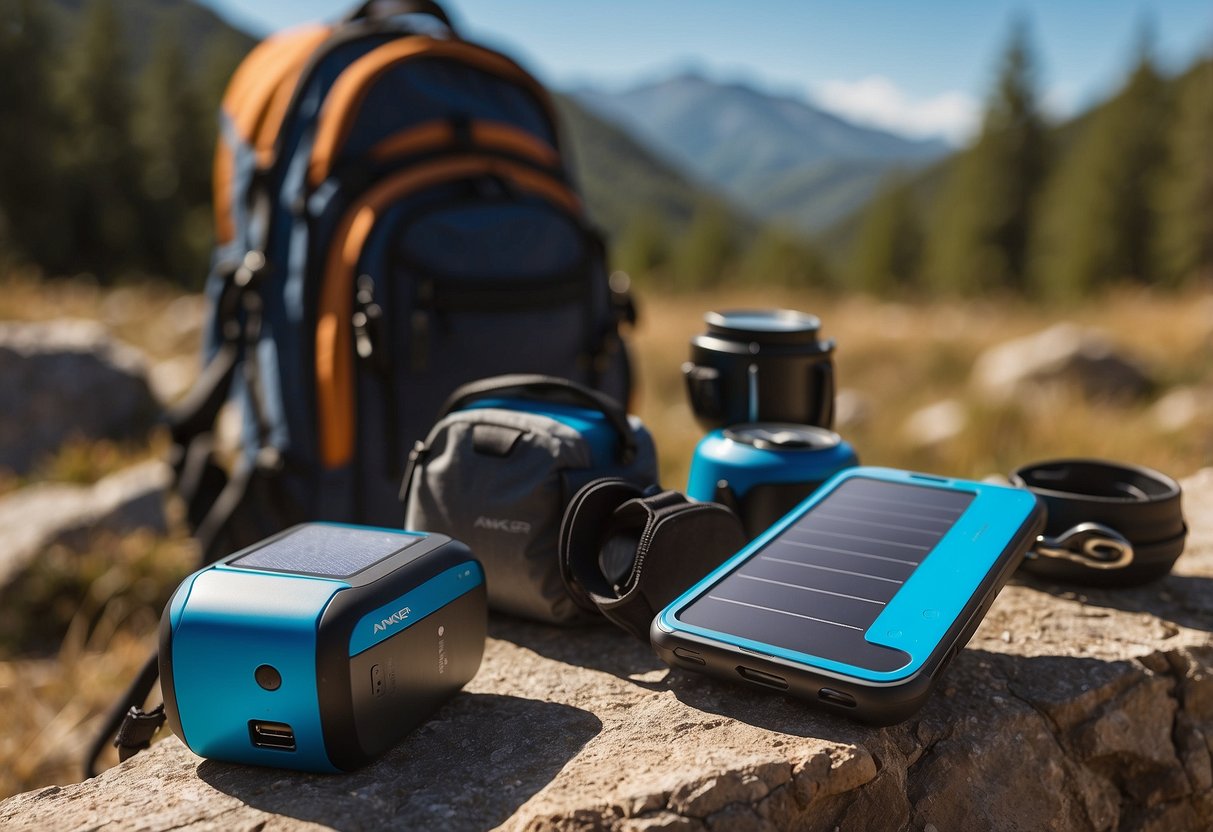 A bright, sunny day with a clear blue sky, showcasing the Anker PowerPort Solar Lite 5 charging multiple devices while attached to a backpack on a bike trip