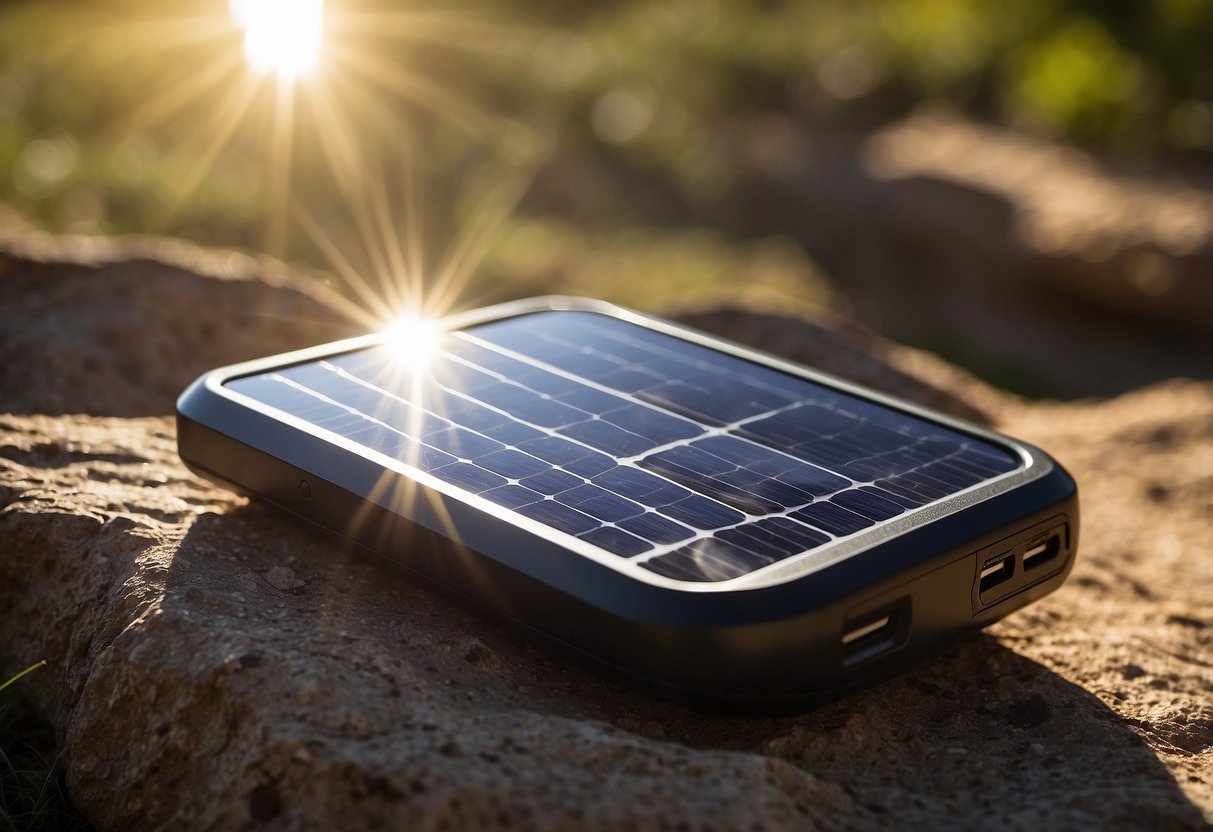 The sun shines down on a portable solar charger, absorbing its energy. The charger then converts the sunlight into electricity, which is used to power various devices during a riding trip