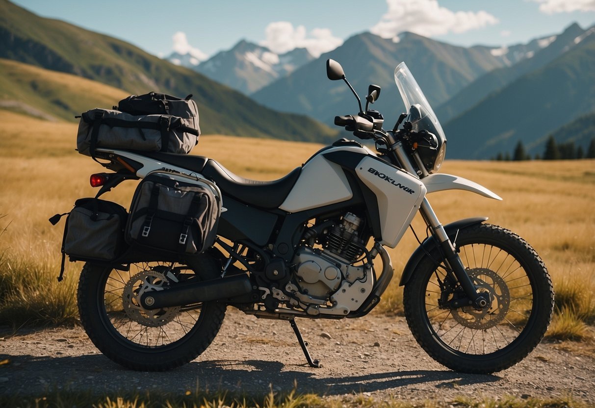 A scenic mountain trail with a motorcycle parked next to a tent, a solar charger attached to the bike's battery, charging devices on a sunny day